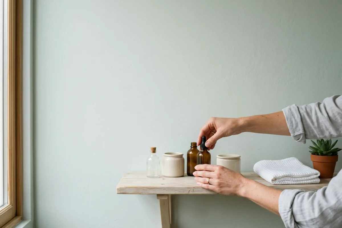 Hands placing small bottles and jars on a light wooden shelf beside a folded towel and a potted plant.