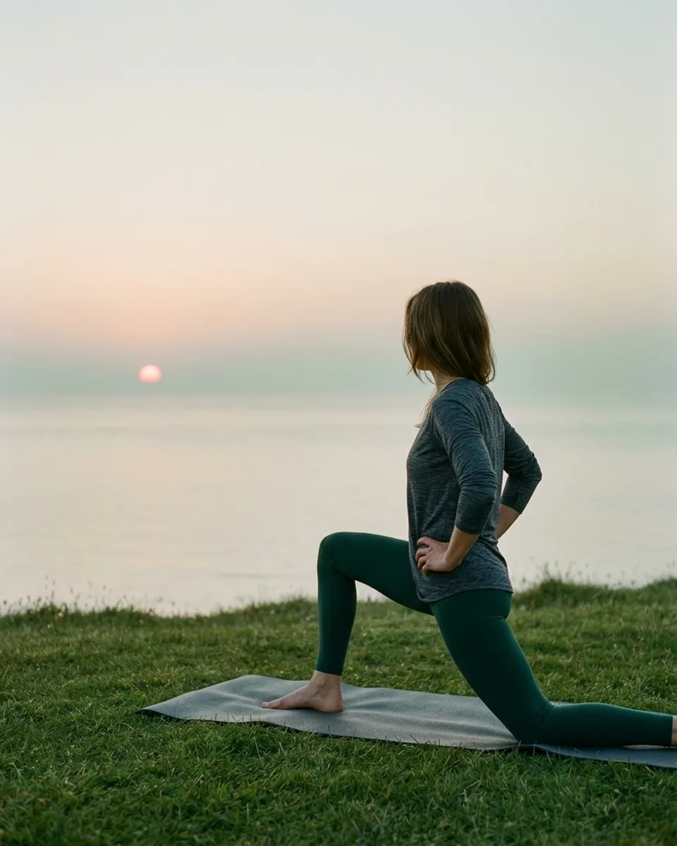 A woman in a low lunge on a mat on the grass above the sea, the sun rising low on the horizon.